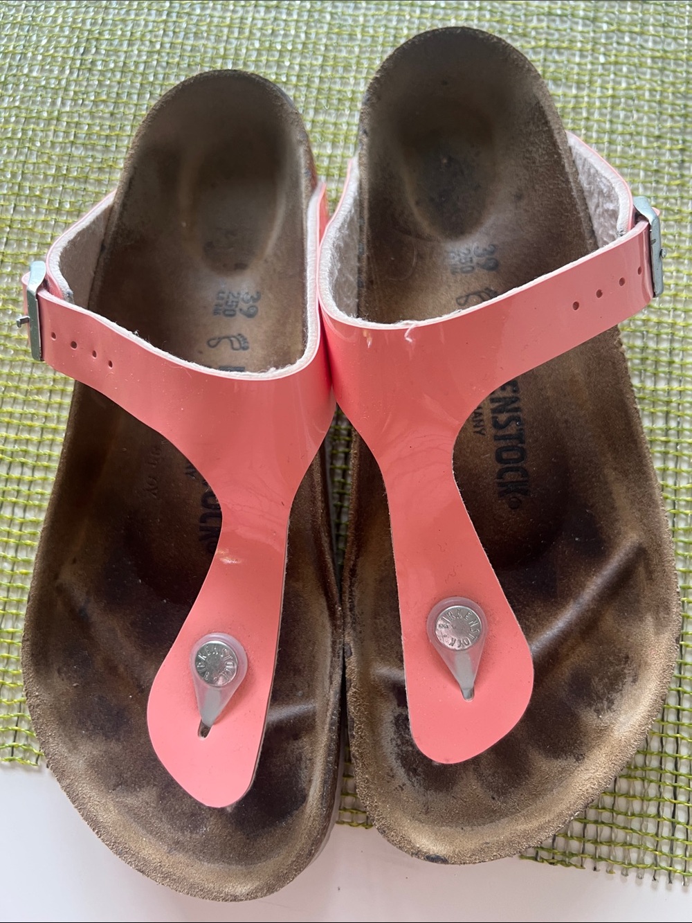 Birkenstock Coral Patent Toe-Post Sandals with Silver Hardware
